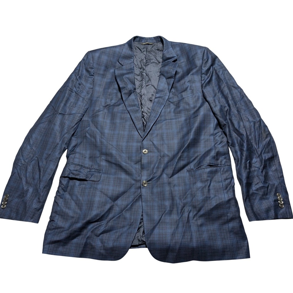 Jack Victor Classic Blue Plaid Super 130s Italian Wool Blazer Sport Coat 48 XL
